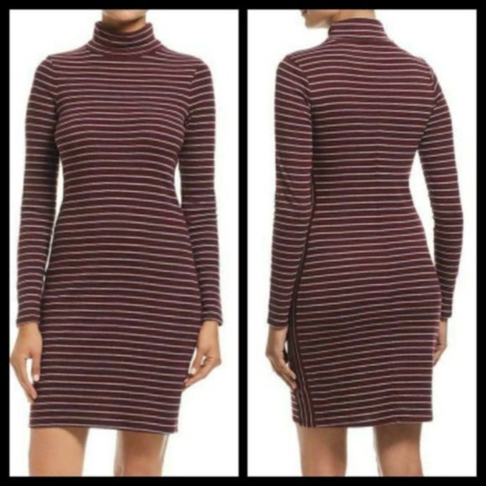Three Dots Burgundy Striped Long Sleeve Dress